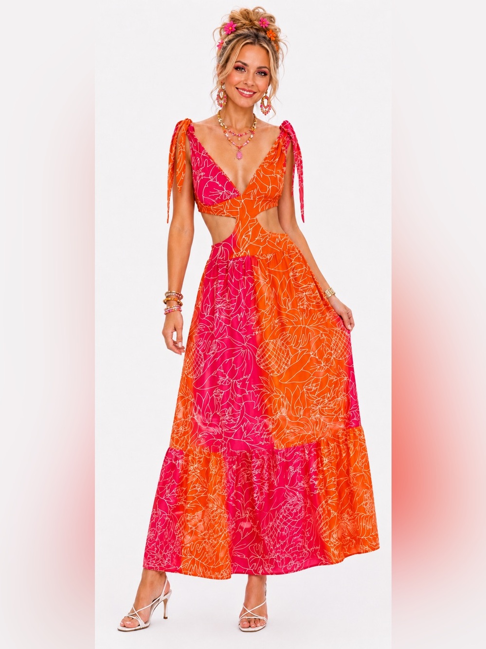 NWOT Tropical Cutout Maxi Dress Pink Orange Resort XS
